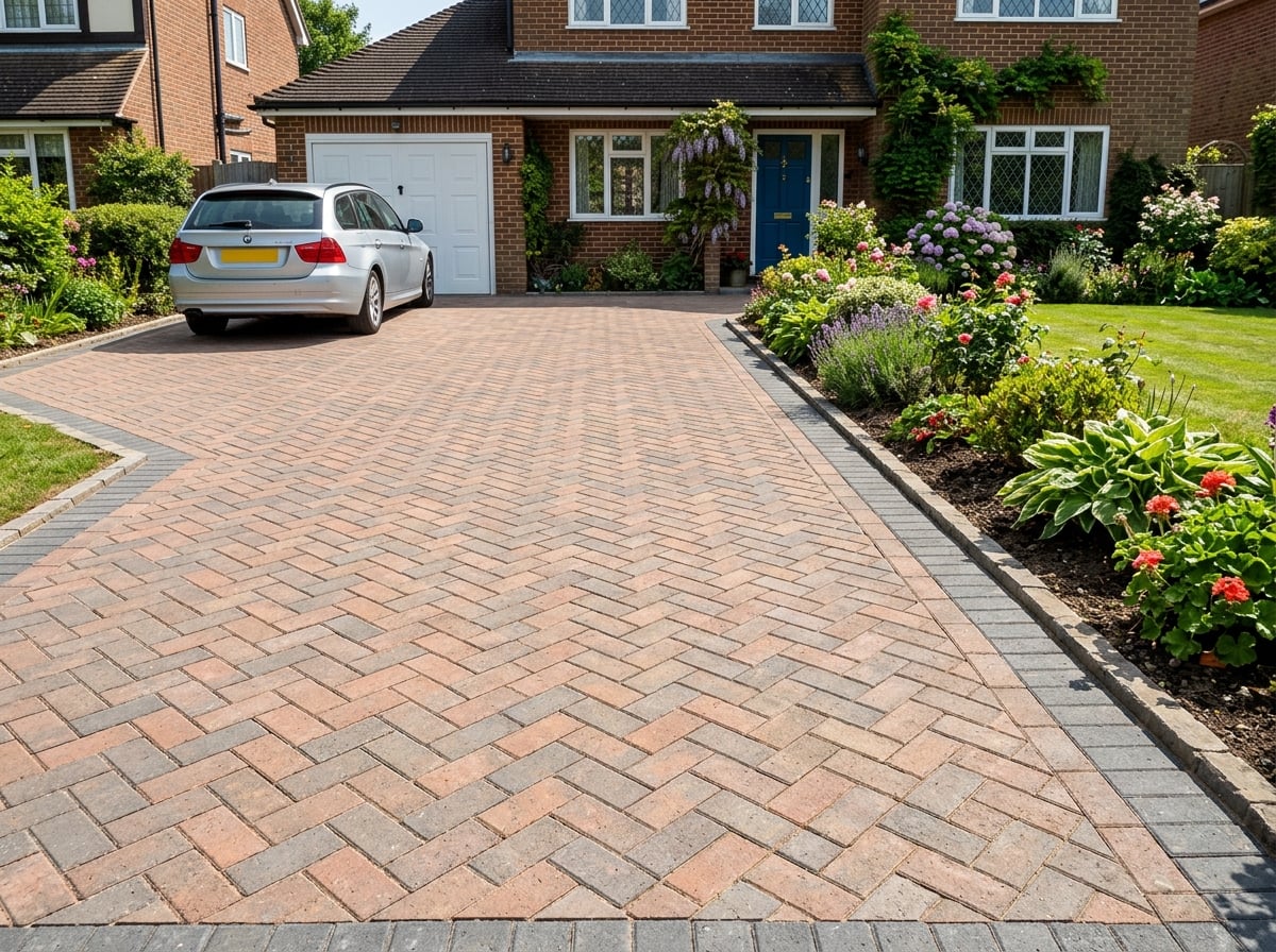 Block paved driveway with herringbone pattern