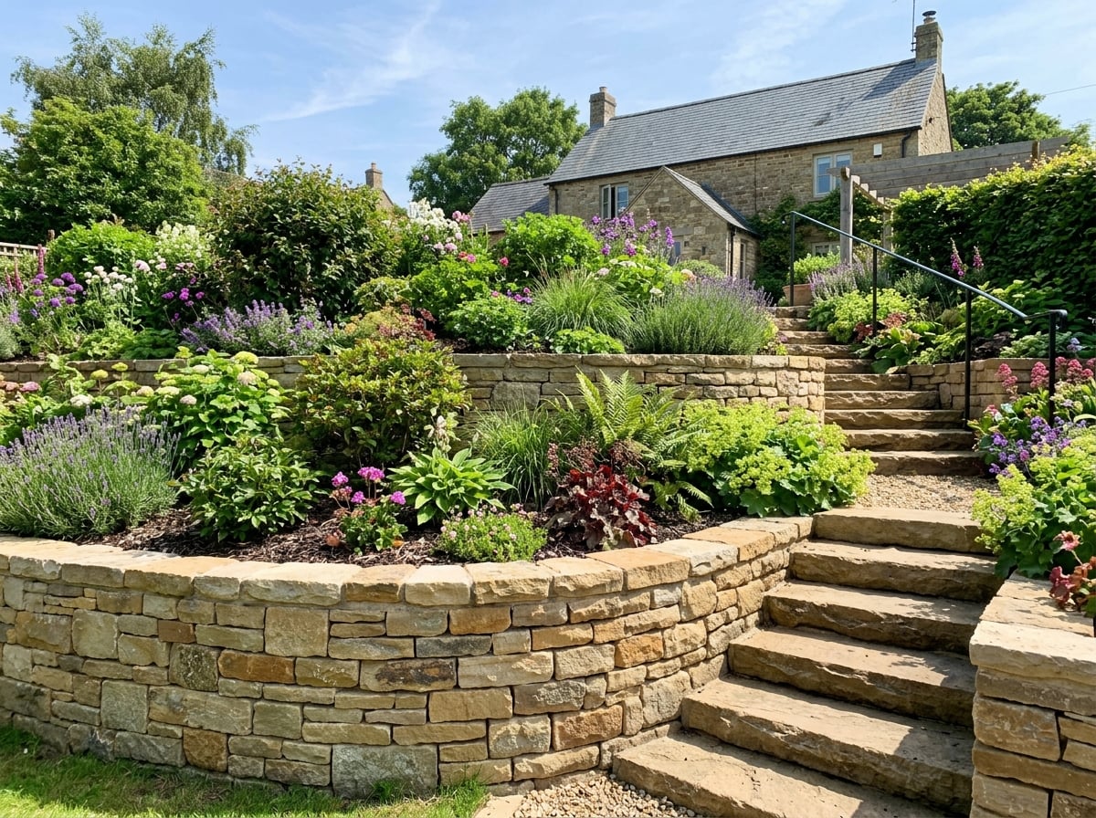 Natural stone retaining wall and landscaped garden