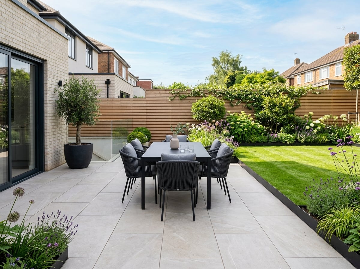 Porcelain patio with garden dining area